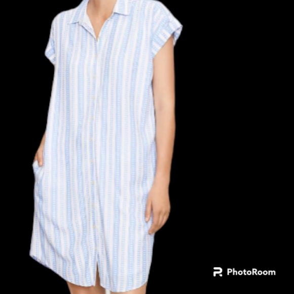 Loft White n Blue Dress with Pockets Size Small - Picture 1 of 7